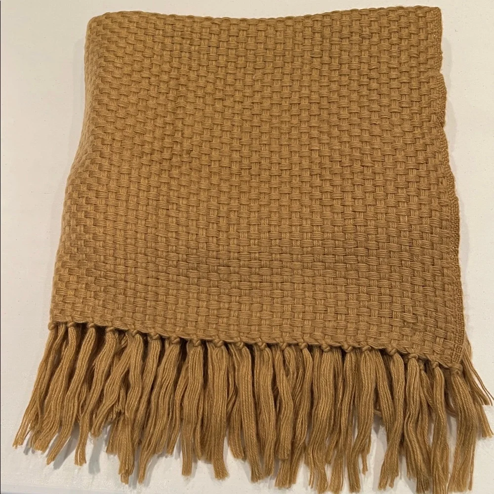 Cozy Basketweave Textured Brown Mustard Acrylic Throw Blanket with Fringe 51x67